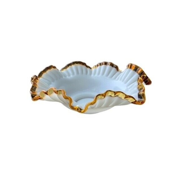 RARE Vintage Large FENTON RUFFLE Double Crimped Edge AMBER CREST BOWL WHITE 10"